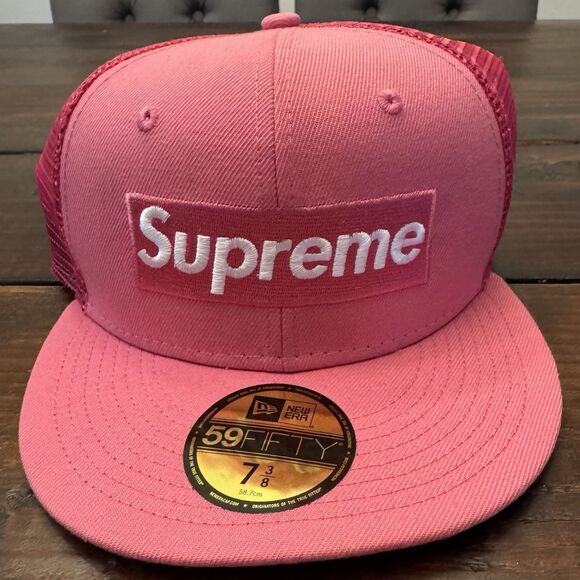 Supreme New Era Box Logo Pink Mesh Back Fitted Hat